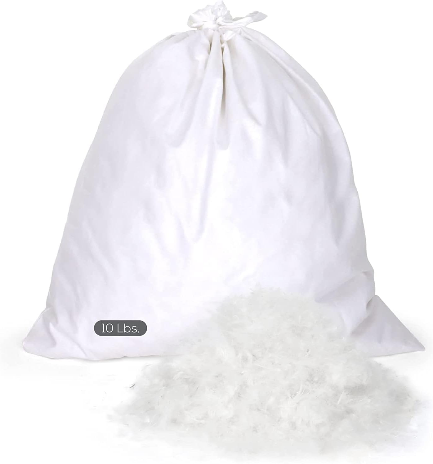 White feathers stored in a pristine white bag, ready for use in upholstery projects, ensuring premium quality and elegance in every detail.