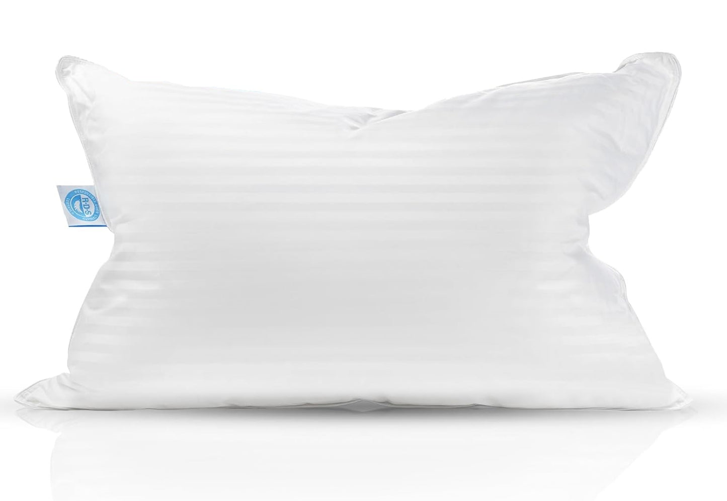 Close-up of a luxurious white striped pillow with balanced dream medium firmness, filled with a blend of 50% down and 50% feathers