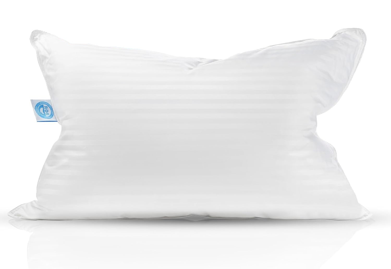 Close-up of a luxurious white striped pillow with balanced dream medium firmness, filled with a blend of 50% down and 50% feathers
