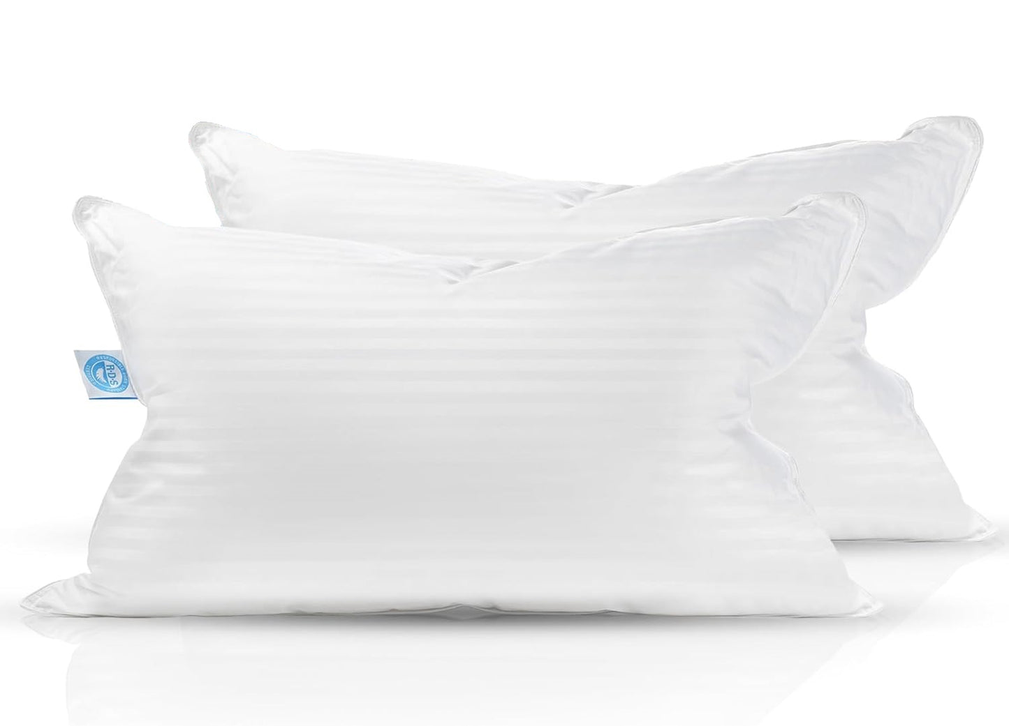 Pair of Premium Pillows - 2 Pack with RDS Tag: Experience ultimate comfort with our meticulously crafted pillows, thoughtfully designed with a Responsible Down Standard (RDS) tag. Ideal for side sleepers, these pillows feature a balanced blend of 50% down and 50% feathers for unparalleled softness and support