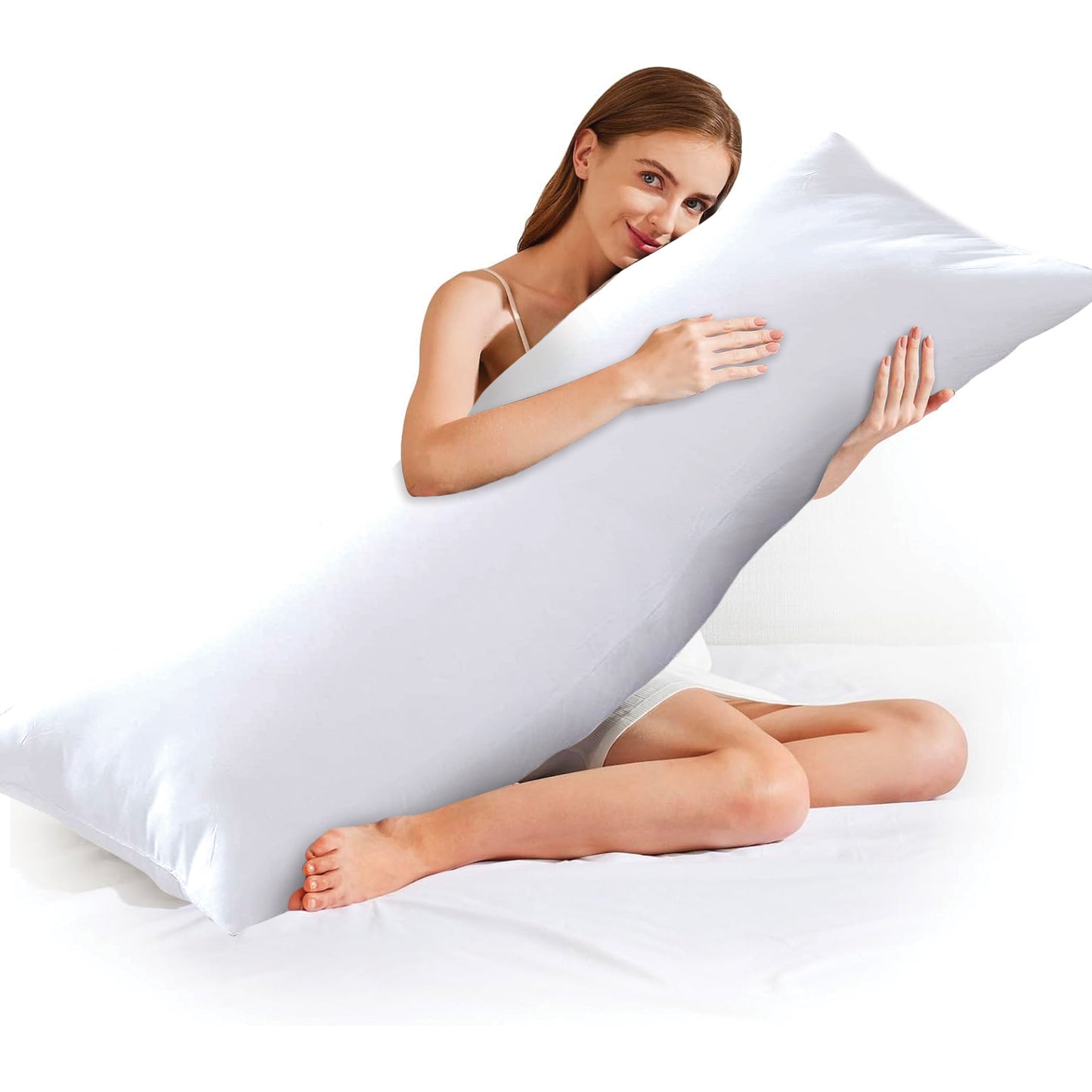 Wrapped in comfort, the woman holds a body pillow filled with an exquisite 50% down and 50% feather blend, enjoying the luxurious softness and gentle support it provides for a restful slumber