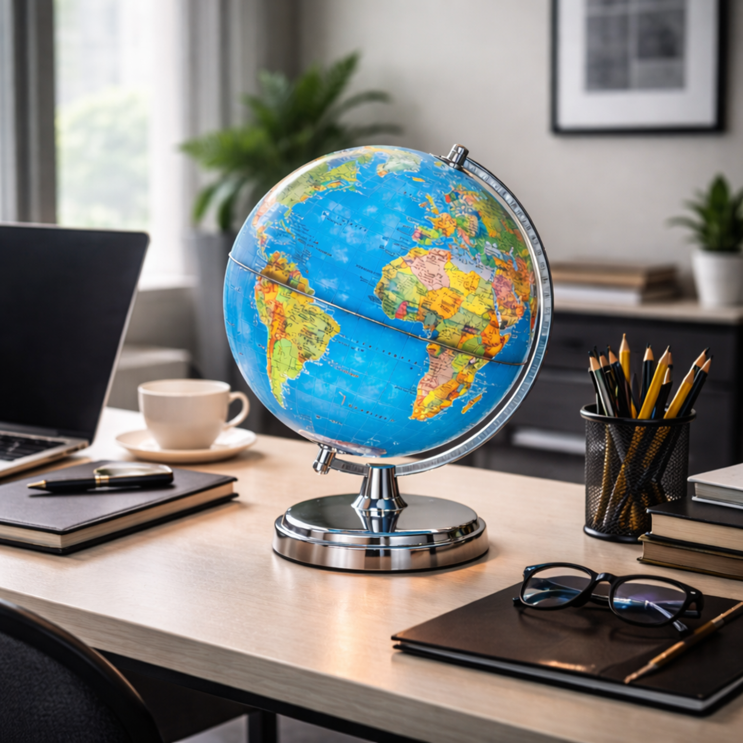 LED Illuminated World Globe with Chrome Base