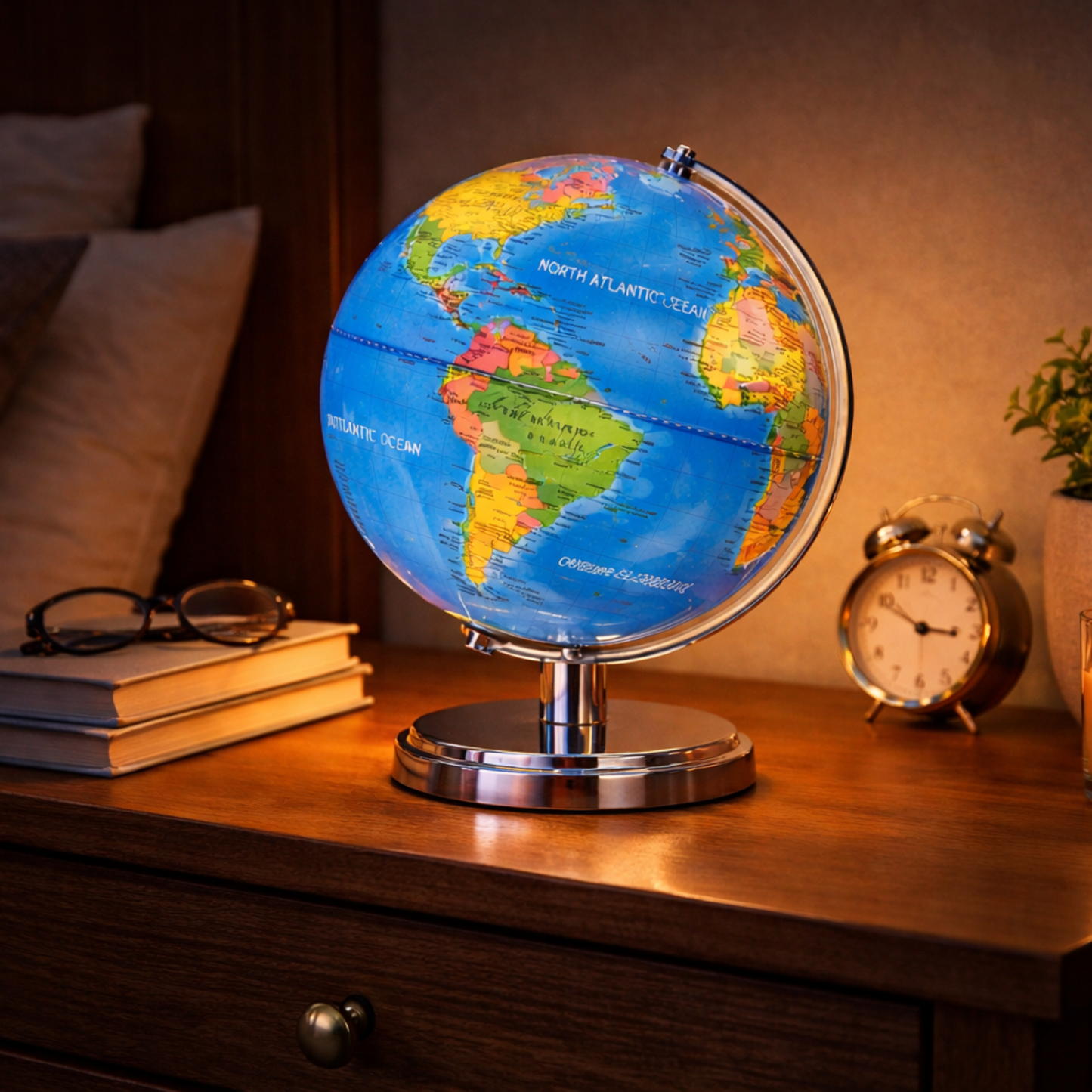 LED Illuminated World Globe with Chrome Base