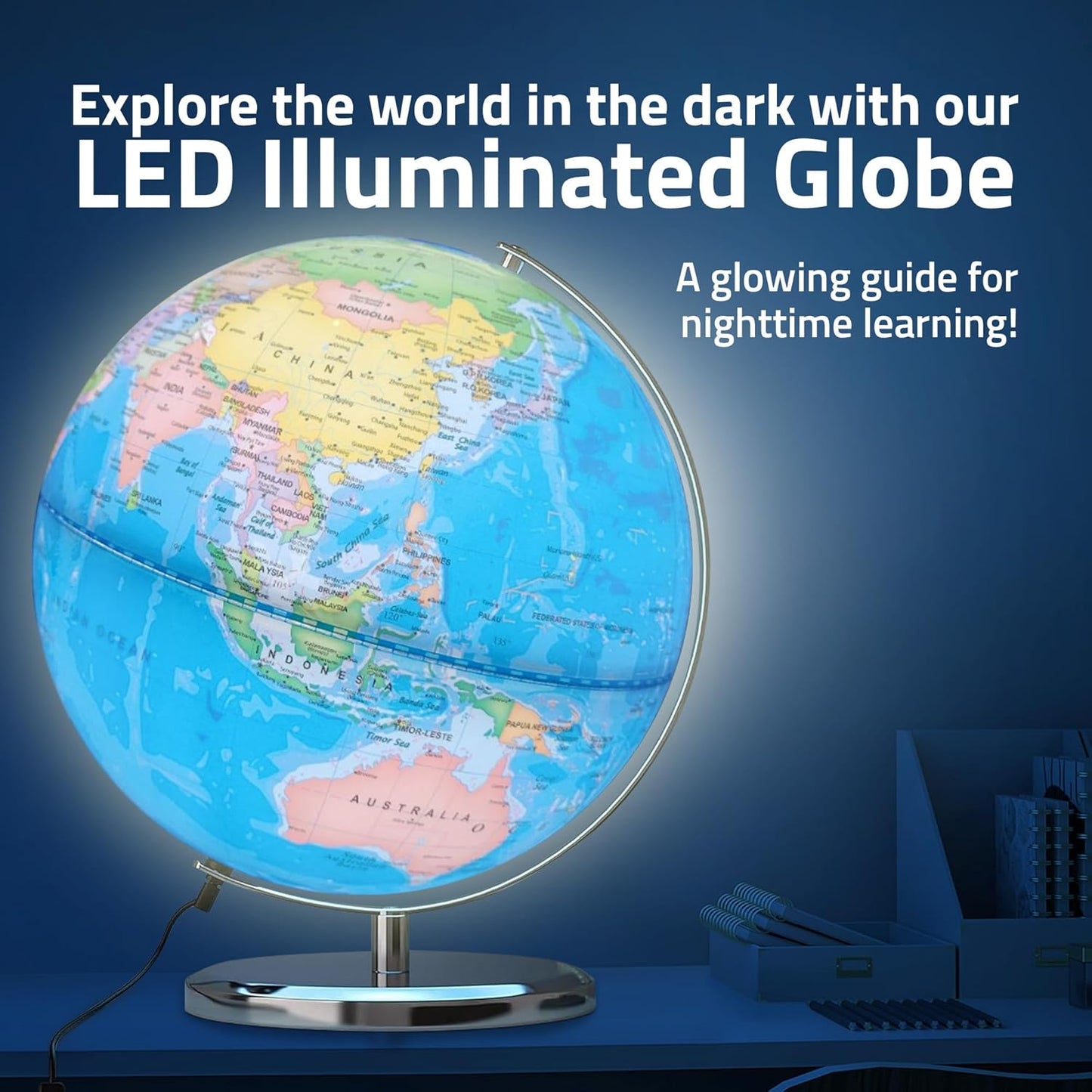 LED Illuminated World Globe with Chrome Base